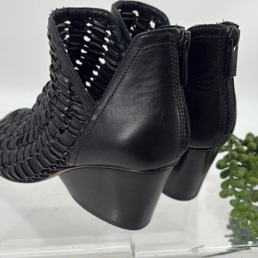 New Donald J Pliner Women's JACQI‎ Woven Wedge Peep Toe Zip Bootie Black 6